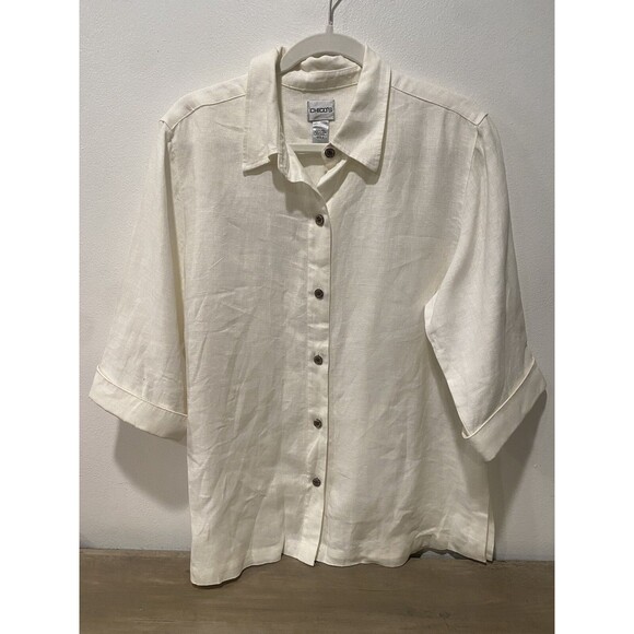 Chicos 100% Linen White Button Down Camp Shirt wood tone buttons Minimalist Sz 2 - Picture 2 of 7